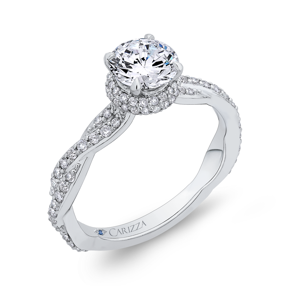 14K White Gold Round Diamond Floral Engagement Ring with Criss Cross Shank (Semi Mount)
