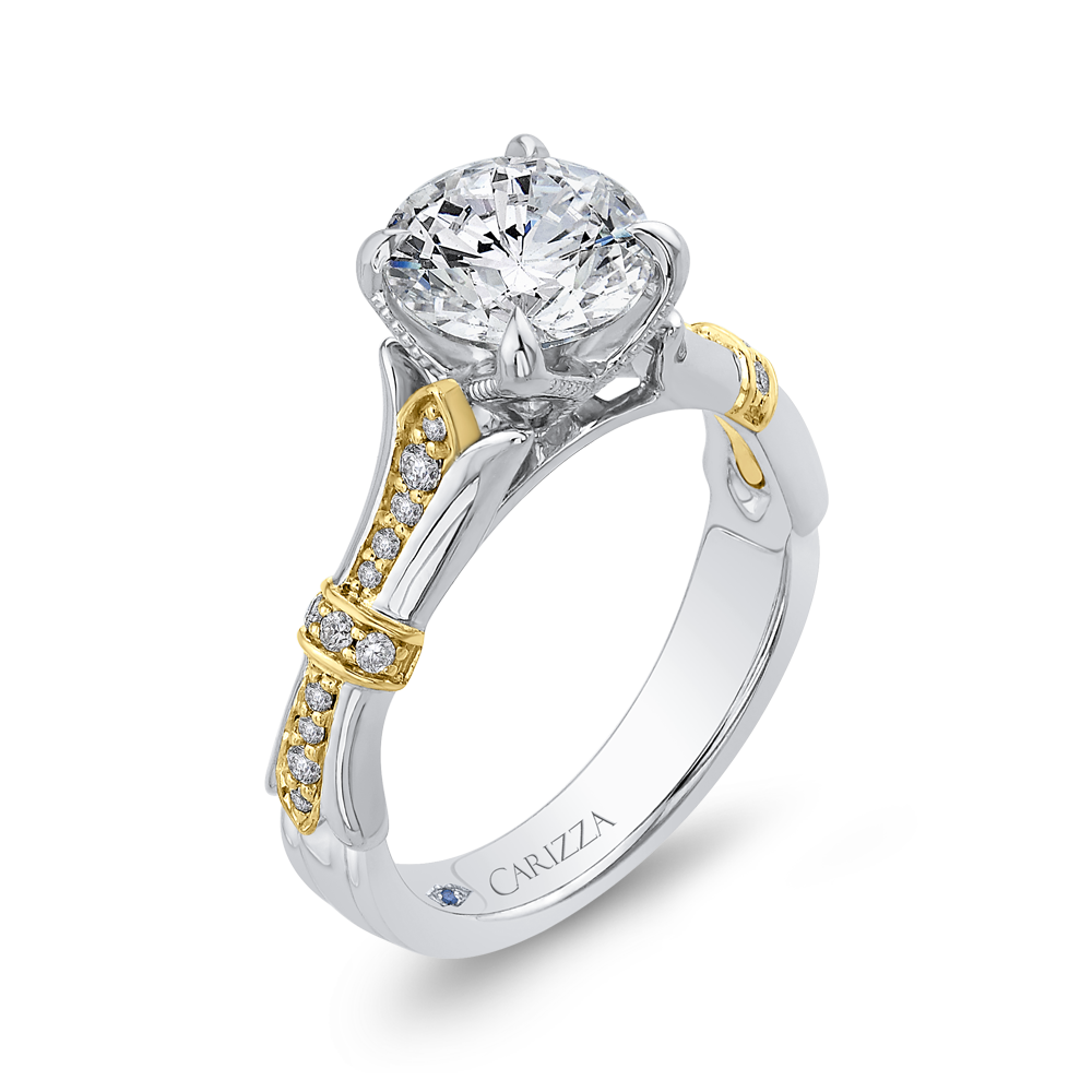 14K Two Tone Gold Round Cut Diamond Floral Engagement Ring (Semi Mount)