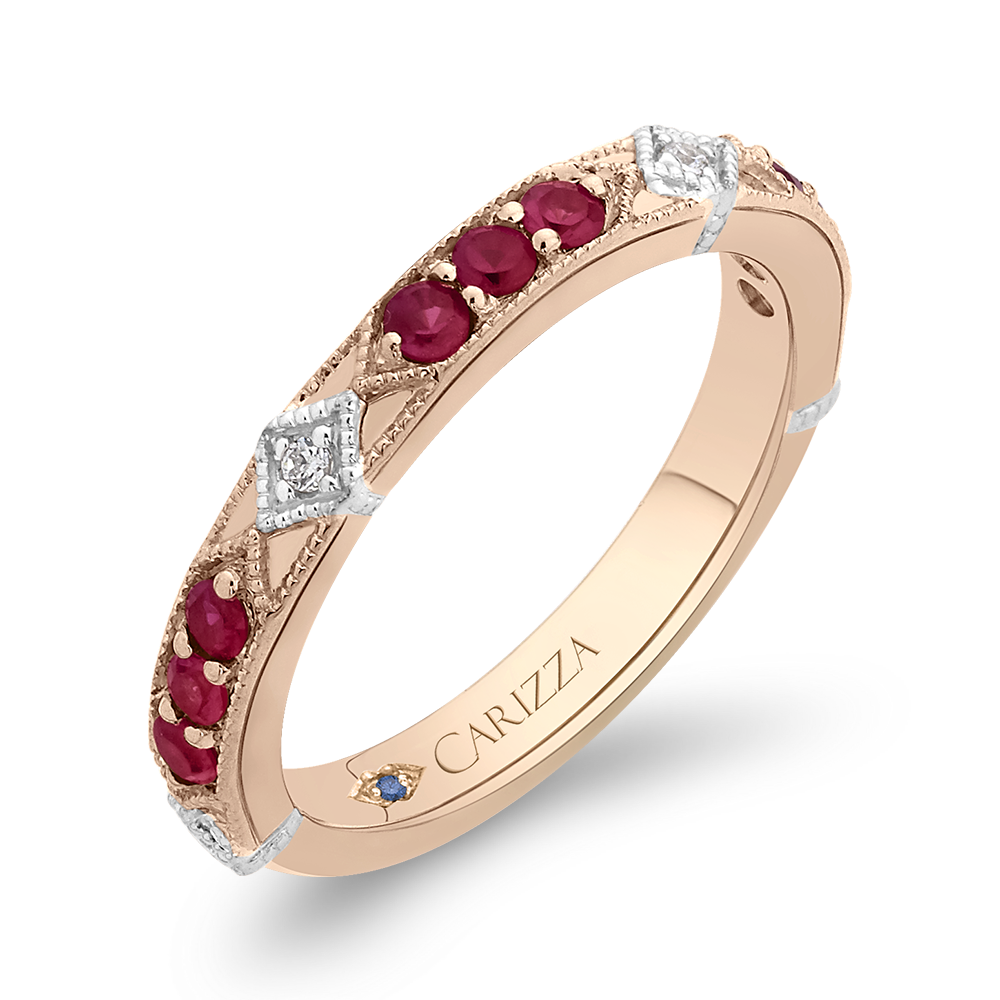 14K Two Tone Gold Round Diamond and Ruby Wedding Band
