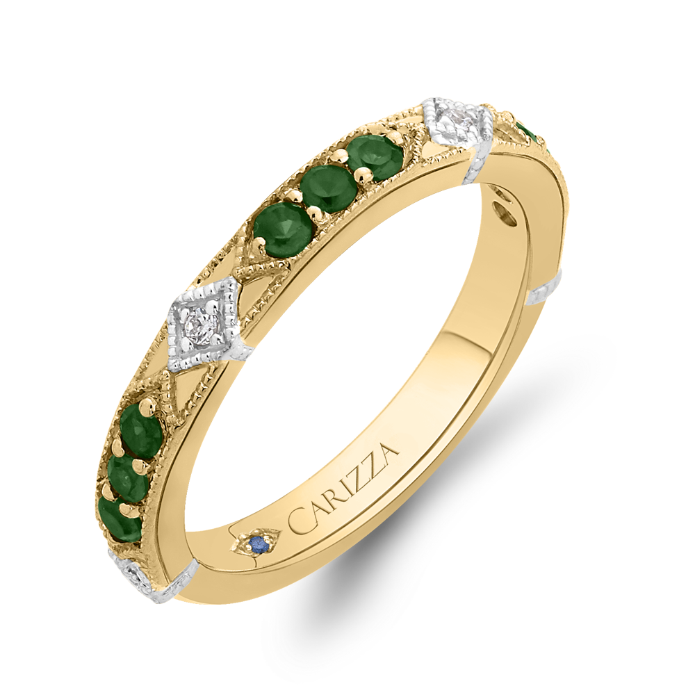 14K Two Tone Gold Round Diamond and Green Tsavorite Wedding Band