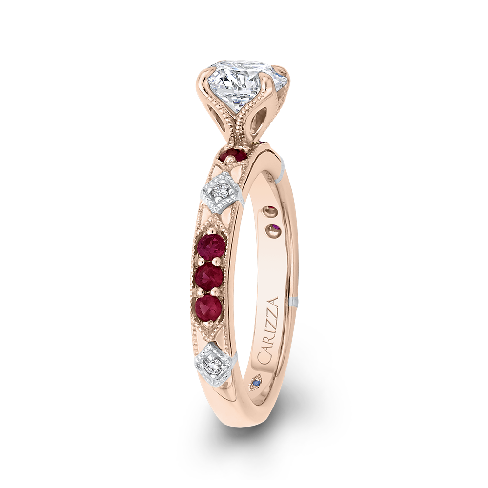 14K Two Tone Gold Round Diamond and Ruby Engagement Ring (Semi Mount)