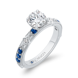 14K White Gold Round Diamond and Sapphire Engagement Ring (Semi Mount)