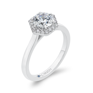 14K White Gold Round Diamond Hexagon Shape Halo Engagement Ring (Semi Mount)