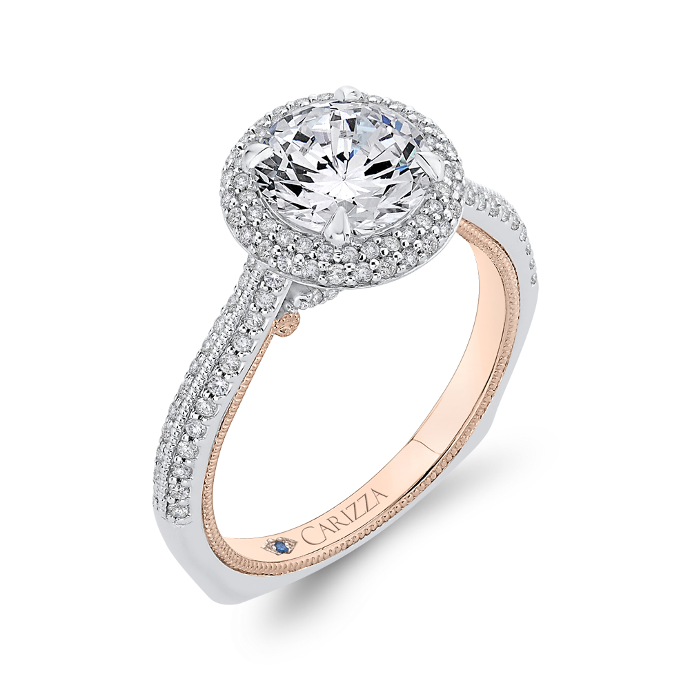 14K Two Tone Gold Round Cut Diamond Double Halo Engagement Ring (Semi Mount)