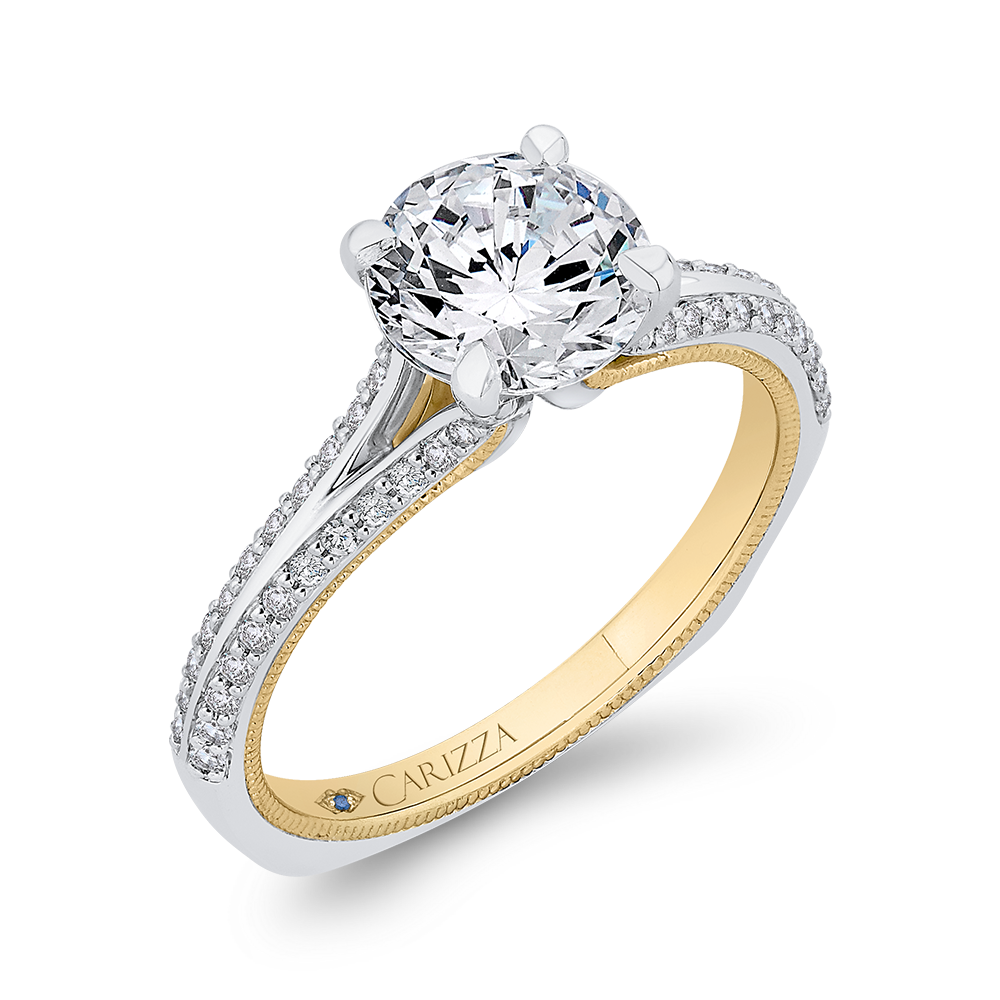 14K Two Tone Gold Round Diamond Engagement Ring with Split Side Euro Shank (Semi Mount)