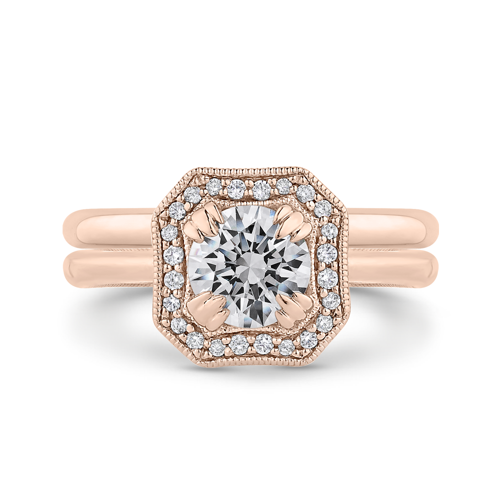 14K Rose Gold Round Diamond Halo Engagement Ring with Euro Shank (Semi Mount)