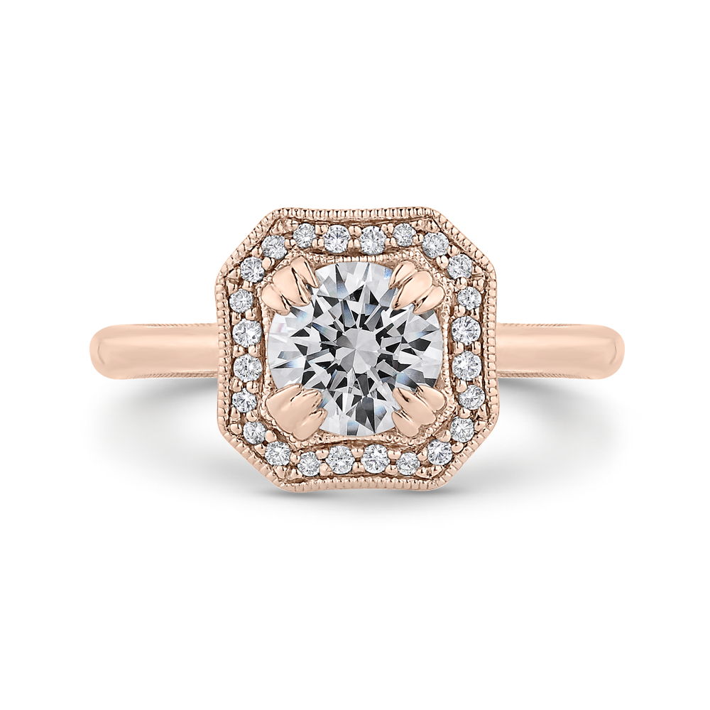 CA0442E-37P-1.00 Bridal Jewelry Carizza Rose Gold Round Diamond Halo Engagement Rings