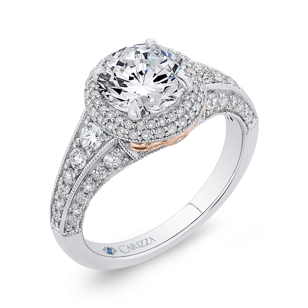 14K Two Tone Gold Round Cut Diamond Halo Engagement Ring (Semi Mount)