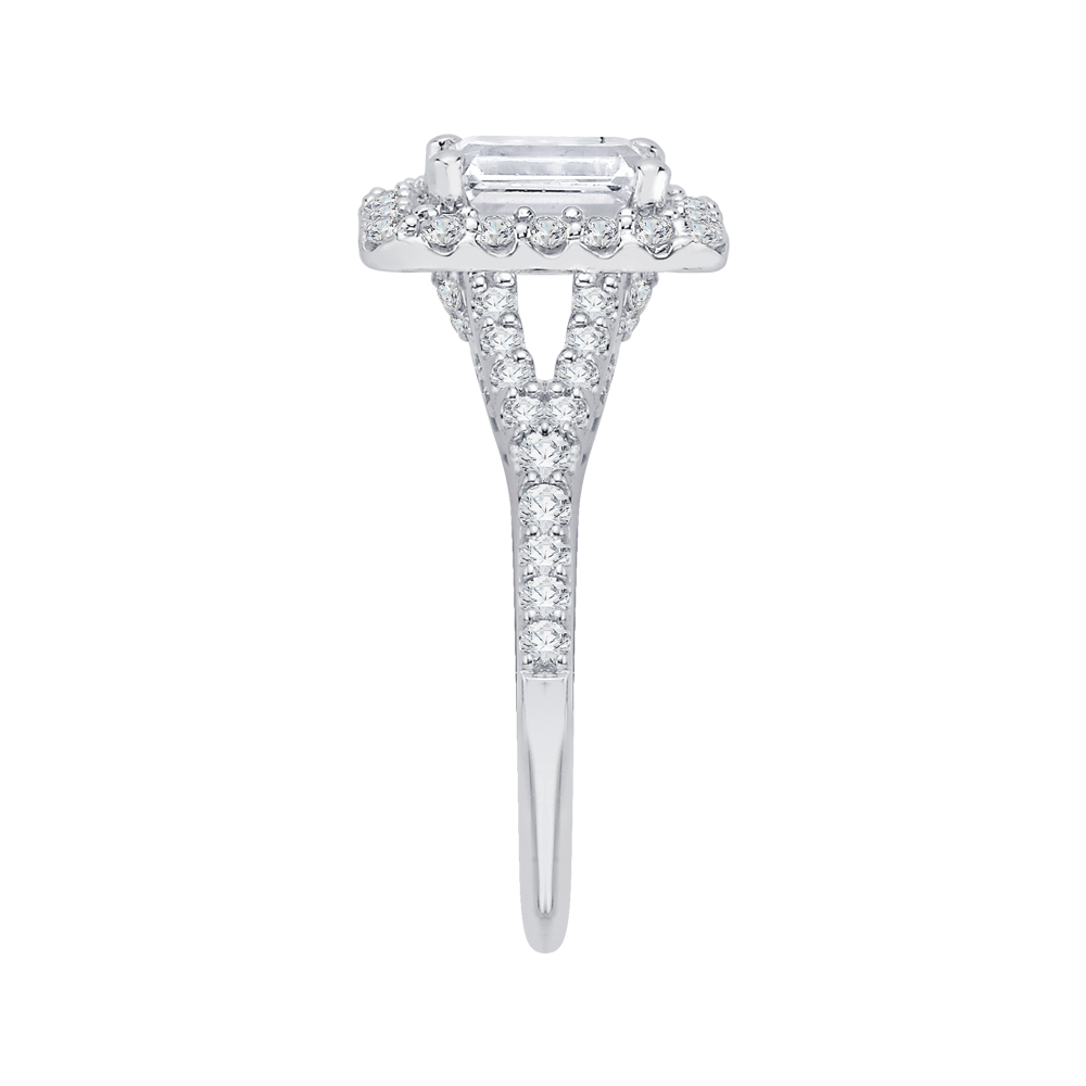 14K White Gold Emerald Cut Diamond Halo Engagement Ring with Split Shank (Semi Mount)