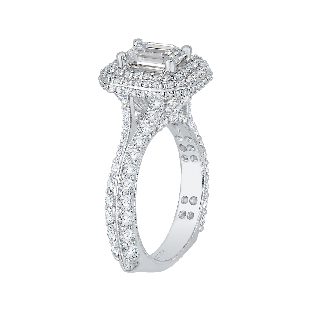 14K White Gold Split Shank Emerald Diamond Double Halo Engagement Ring (Semi Mount)