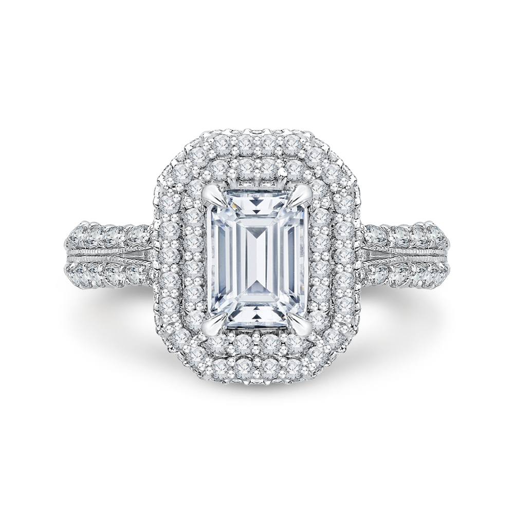CAE0036E-37W Bridal Jewelry Carizza White Gold Emerald Diamond Double Halo Engagement Rings