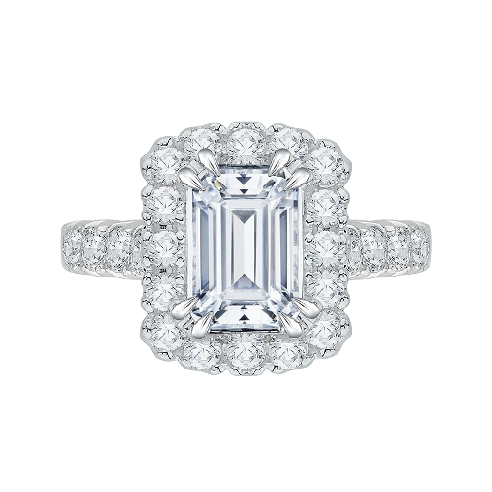 CAE0037E-37W Bridal Jewelry Carizza White Gold Emerald Diamond Halo Engagement Rings
