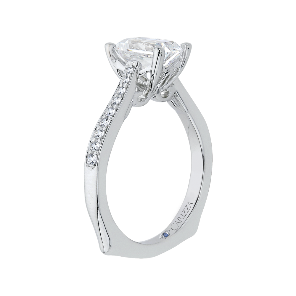 Emerald Cut Diamond Solitaire with Accents Engagement Ring In 14K White Gold (Semi Mount)