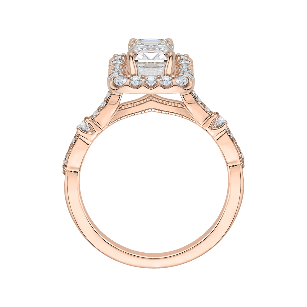 14K Rose Gold Emerald Cut Diamond Halo Vintage Engagement Ring (Semi Mount)