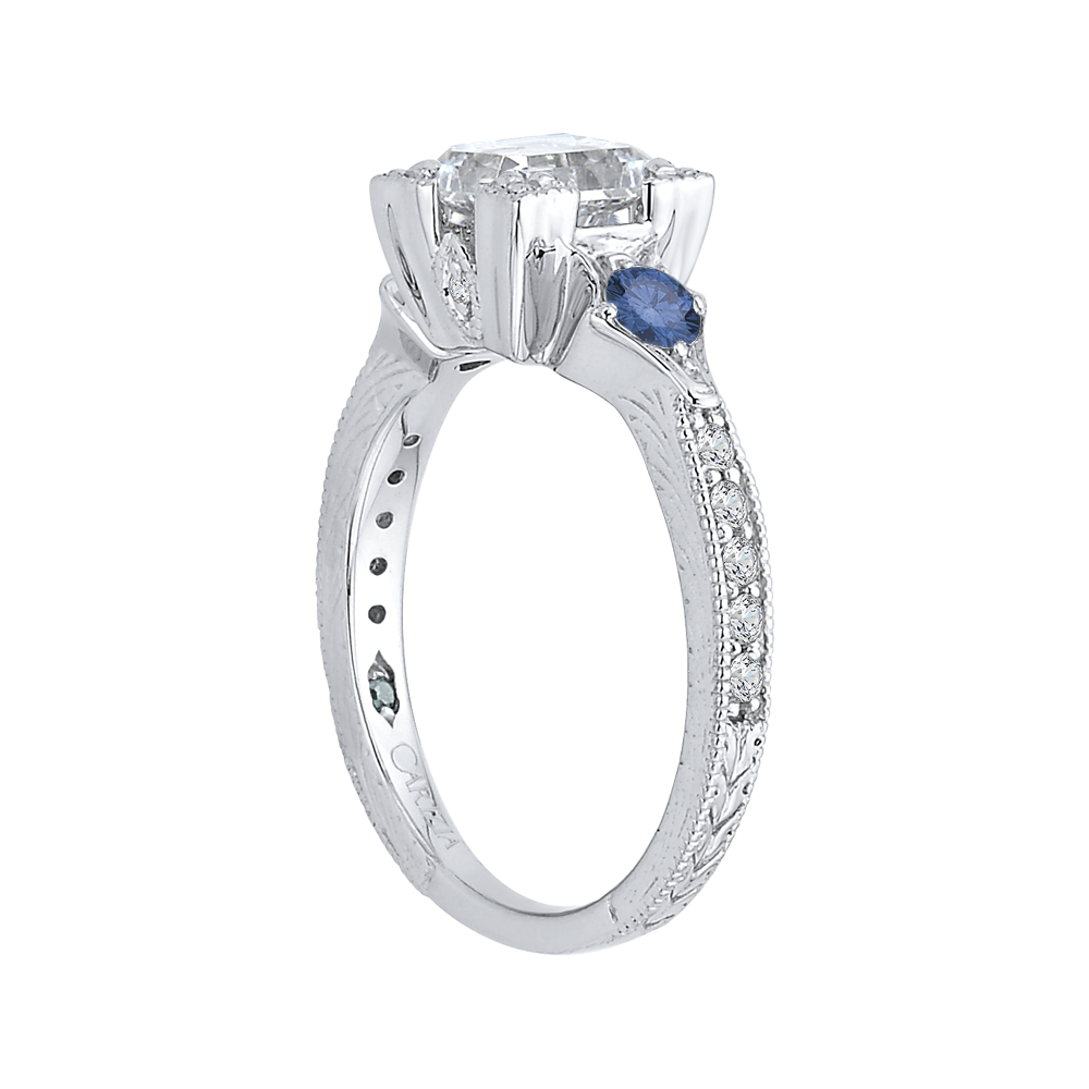 14K White Gold Emerald Cut Diamond Engagement Ring with Sapphire (Semi Mount)