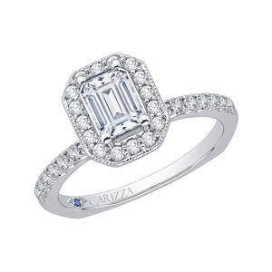 Emerald Cut Diamond Halo Engagement Ring In 14K White Gold (Semi Mount)