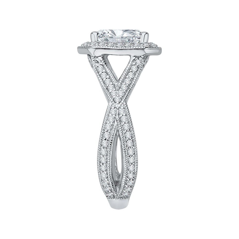 14K White Gold Emerald Cut Diamond Halo Engagement Ring with Split Shank (Semi Mount)
