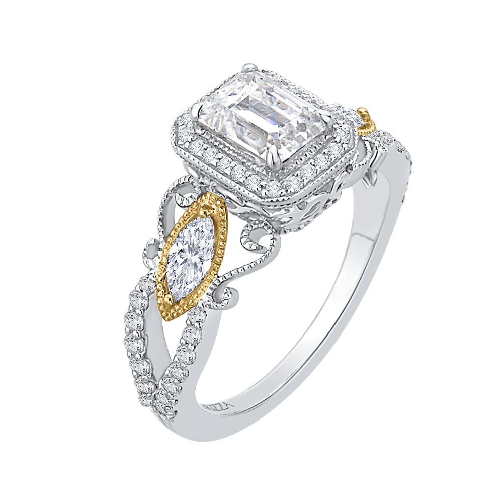 14K Two Tone Gold Emerald Cut Diamond Halo Engagement Ring (Semi Mount)