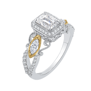 14K Two Tone Gold Emerald Cut Diamond Halo Engagement Ring (Semi Mount)