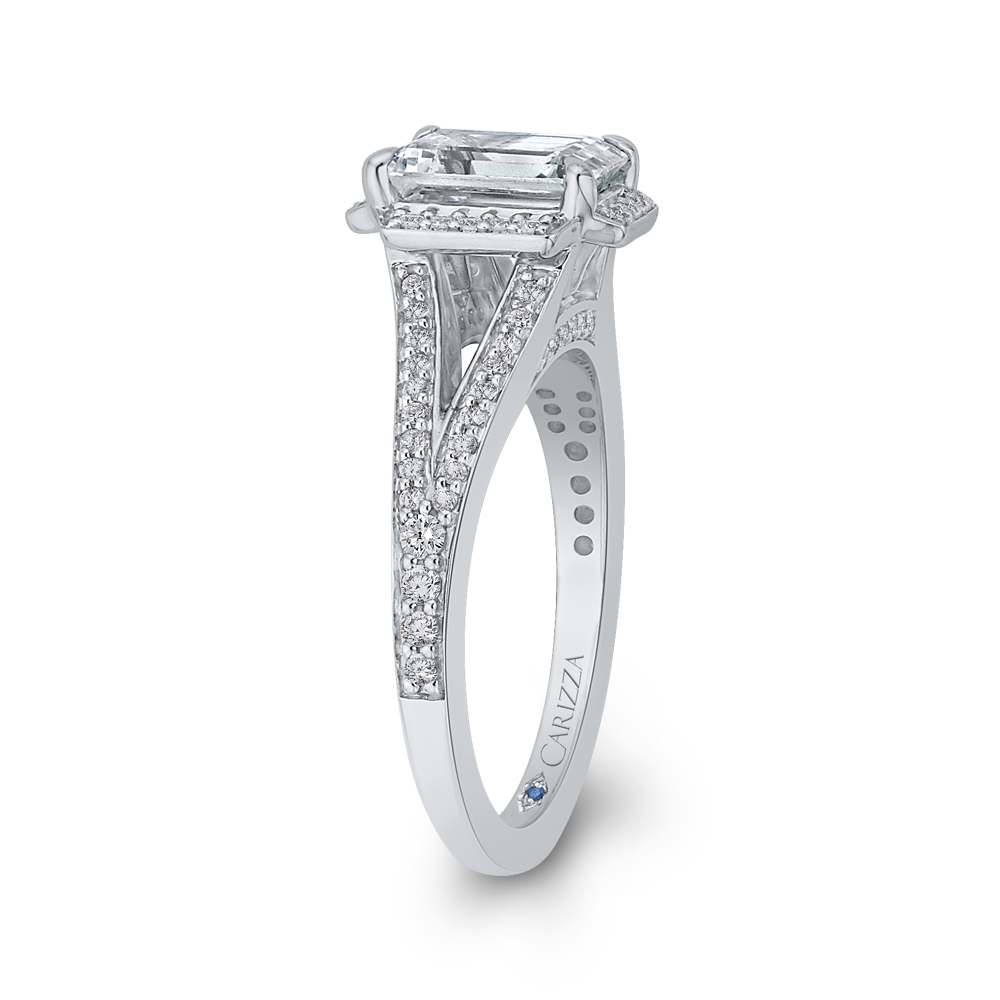 14K White Gold Emerald Cut Diamond Cathedral Style Engagement Ring with Split Shank (Semi Mount)