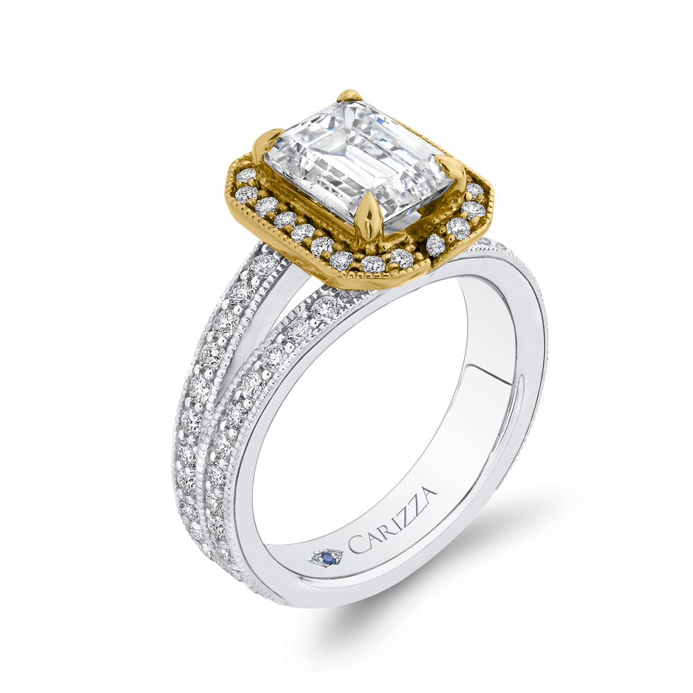 14K Two Tone Gold Emerald Diamond Engagement Ring with Split Shank (Semi Mount)