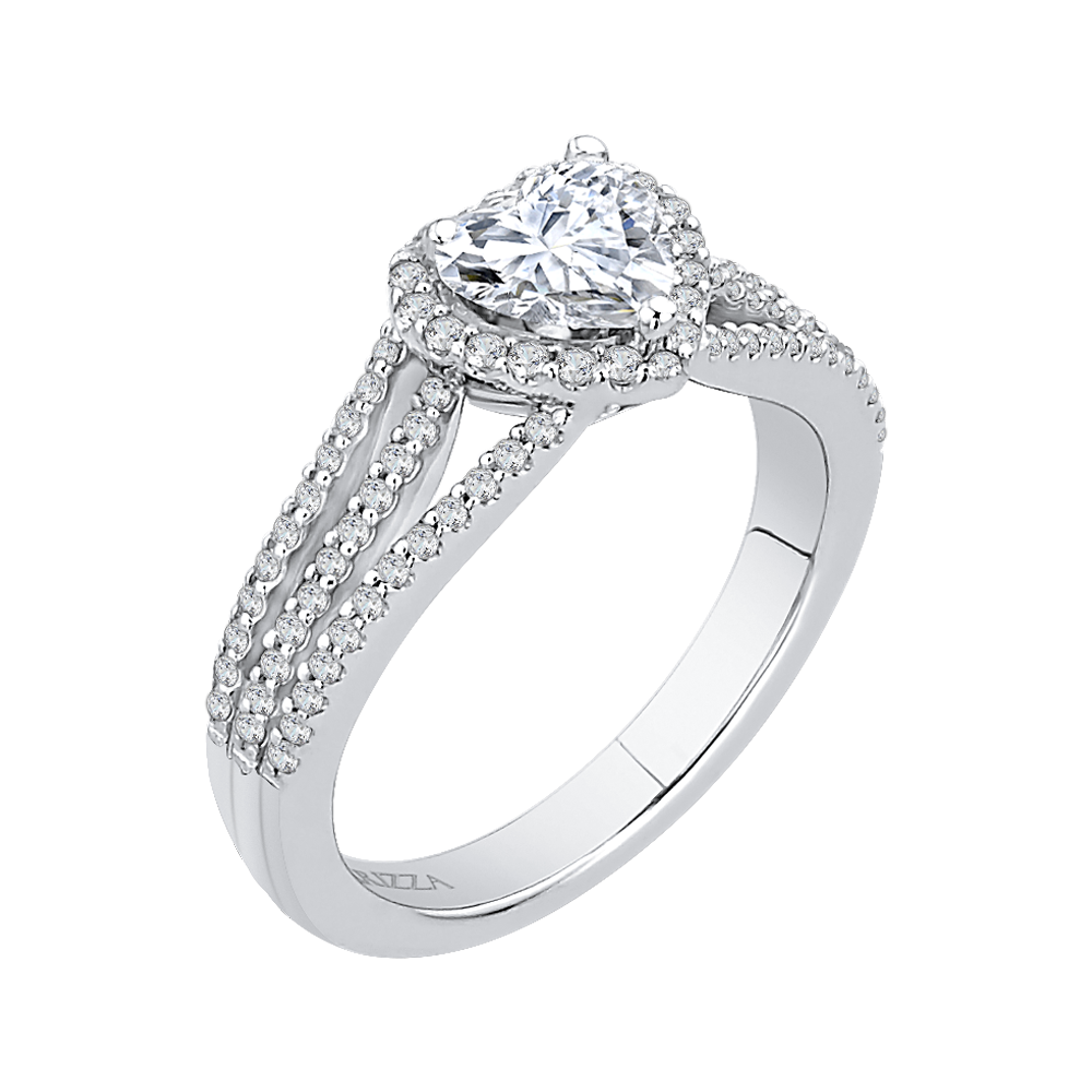 14K White Gold Heart Diamond Halo Engagement Ring with Split Shank (Semi Mount)