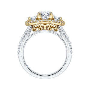 14K Two Tone Gold Oval Cut Diamond Three Stone Halo Engagement Ring (Semi Mount)