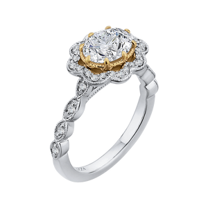 14K Two Tone Gold Oval Diamond Halo Engagement Ring (Semi Mount)