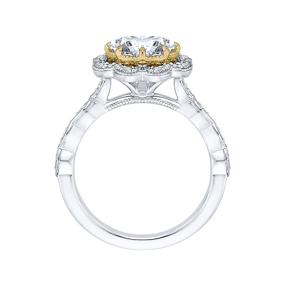 14K Two Tone Gold Oval Diamond Halo Engagement Ring (Semi Mount)