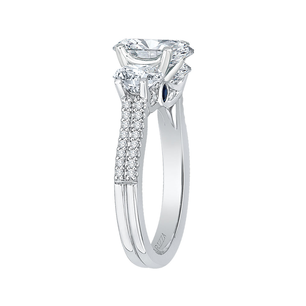 14K White Gold Oval Cut Diamond Three Stone Cathedral Style Engagement Ring (Semi Mount)