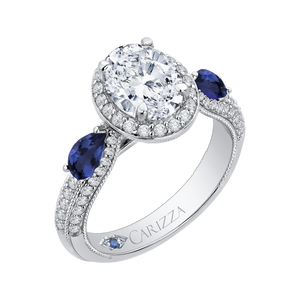 14K White Gold Oval Diamond Halo Engagement Ring with Sapphire (Semi Mount)