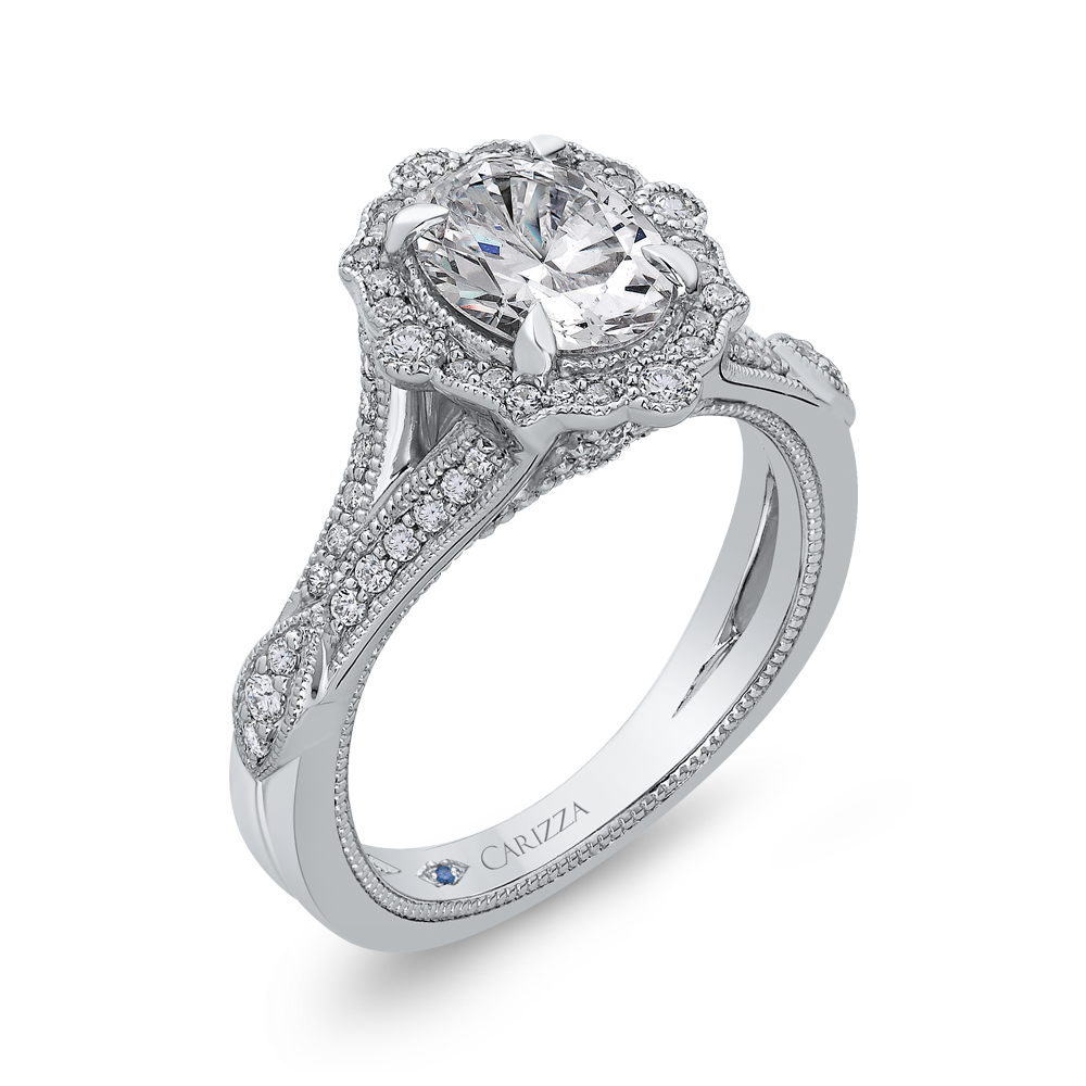 Oval Diamond Halo Engagement Ring In 14K White Gold with Split Shank (Semi Mount)