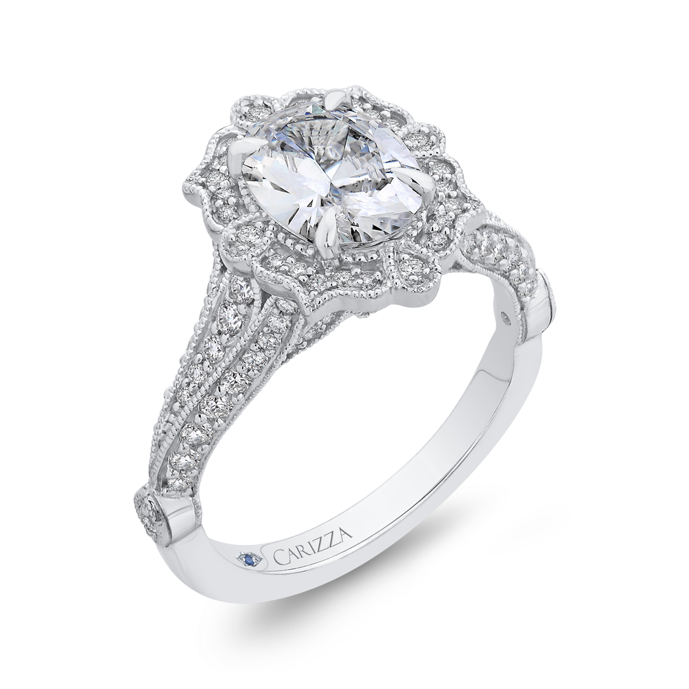 14K White Gold Oval Diamond Halo Vintage Engagement Ring (Semi Mount)