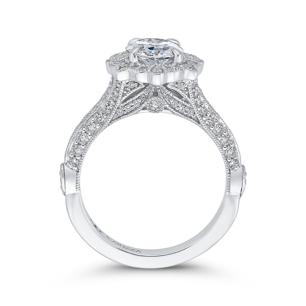 14K White Gold Oval Diamond Halo Vintage Engagement Ring (Semi Mount)