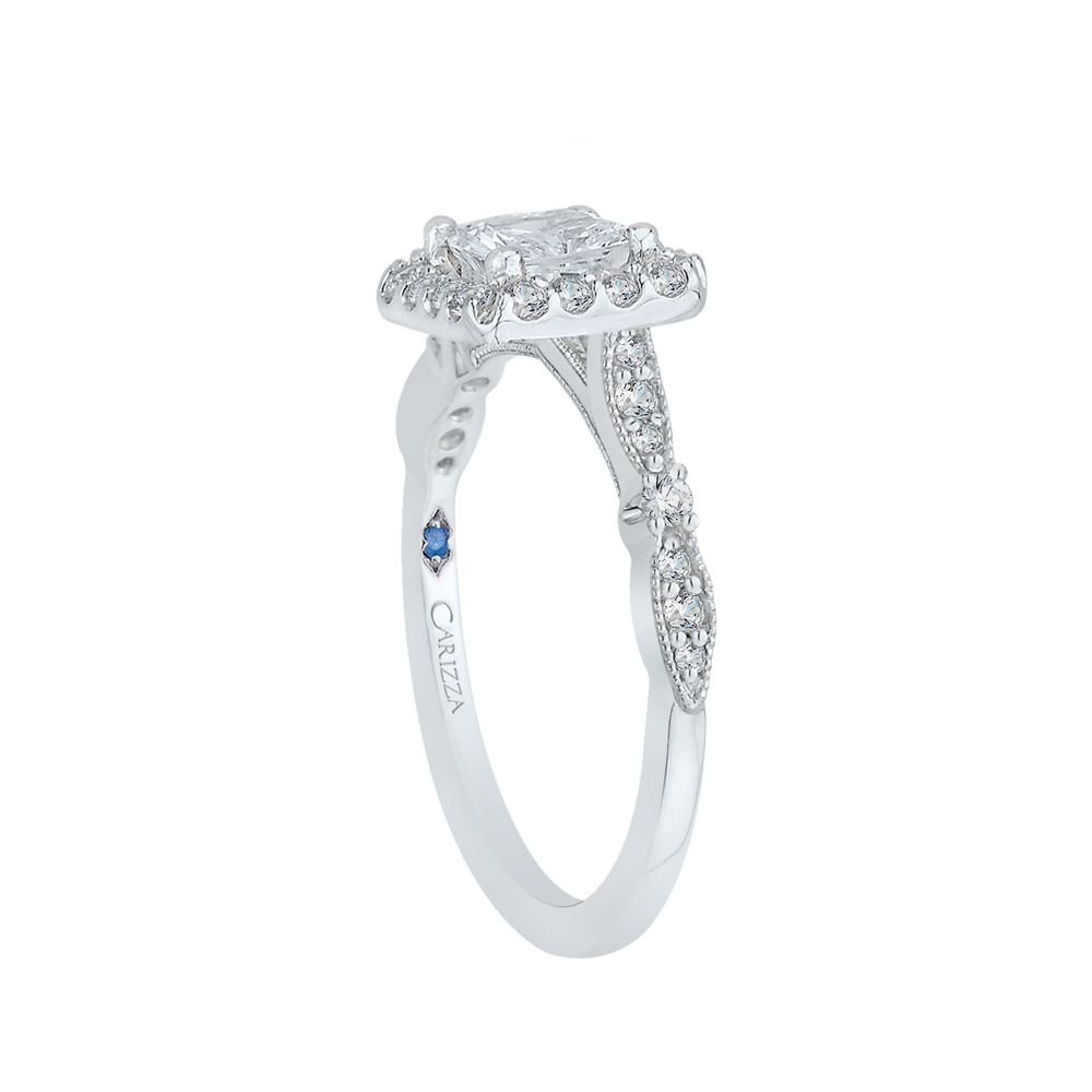 Princess Diamond Halo Vintage Engagement Ring In 14K White Gold (Semi Mount)