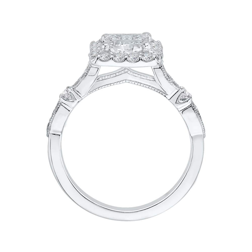Princess Diamond Halo Vintage Engagement Ring In 14K White Gold (Semi Mount)