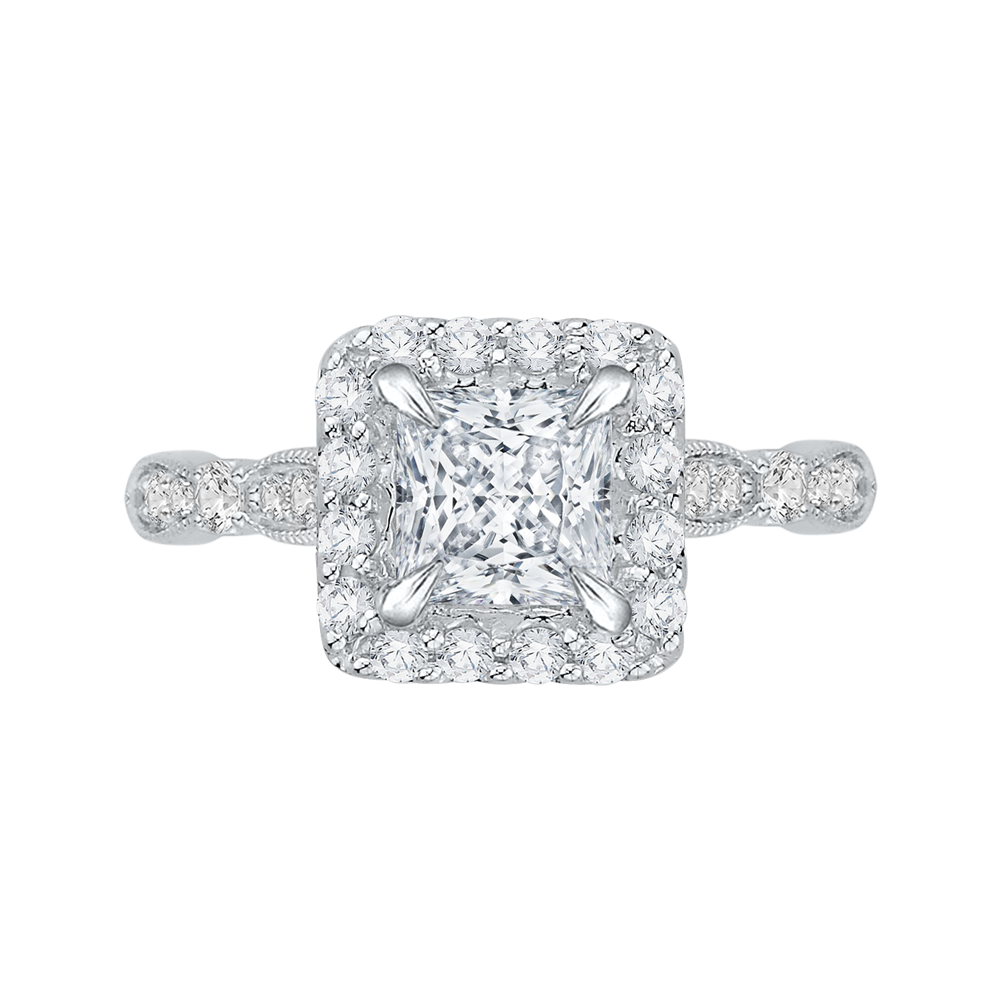 CAP0042E-37W Bridal Jewelry Carizza White Gold Vintage Princess Cut Diamond Halo Engagement Rings
