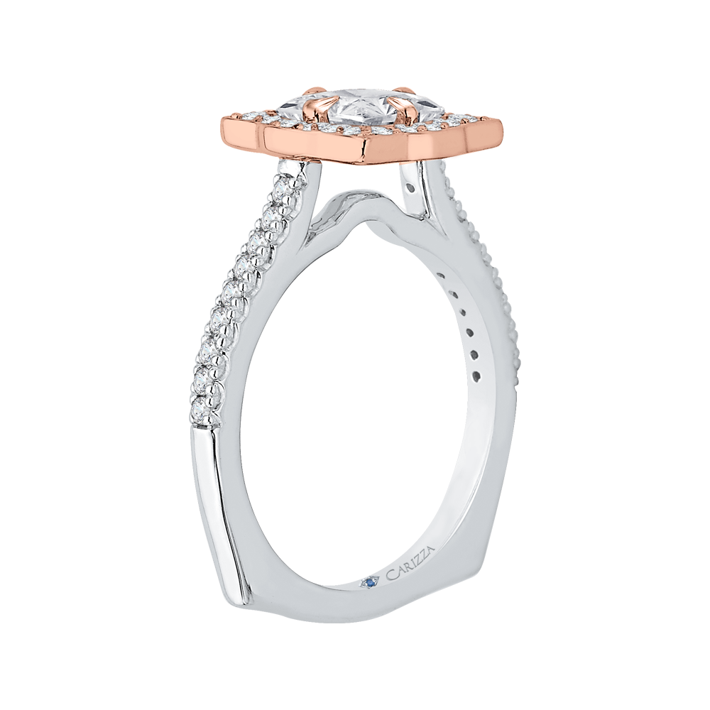 14K Two Tone Gold Princess Cut Diamond Halo Vintage Engagement Ring (Semi Mount)