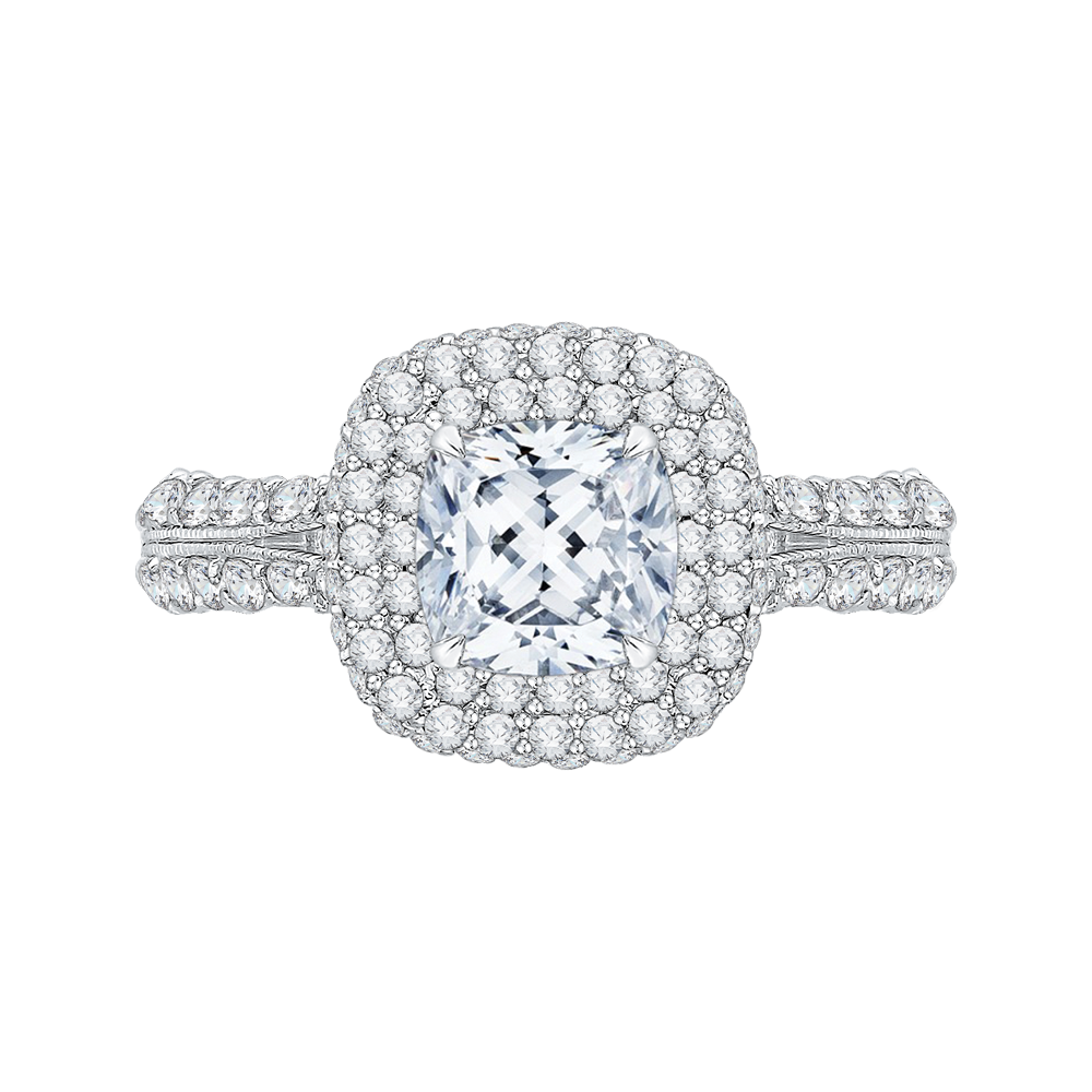 CAU0036E-37W Bridal Jewelry Carizza White Gold Cushion Cut Diamond Double Halo Engagement Rings