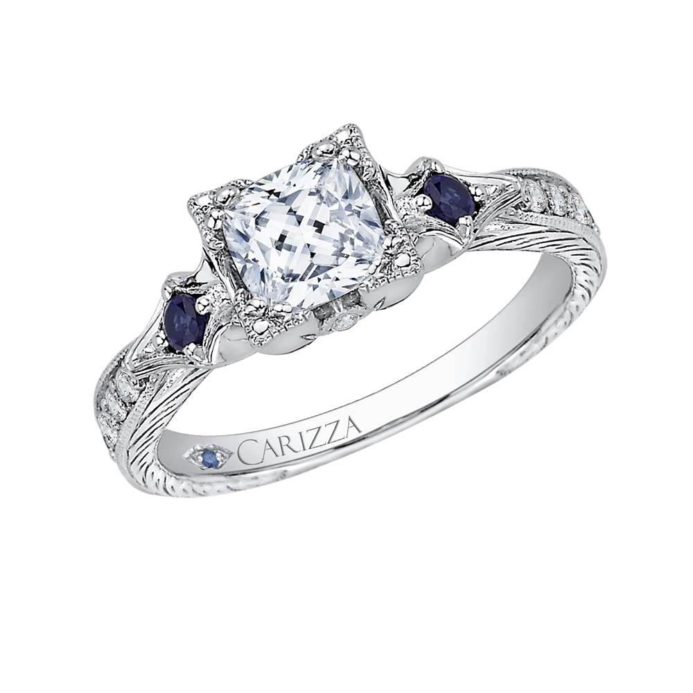 14K White Gold Cushion Cut Diamond Engagement Ring with Sapphire (Semi Mount)