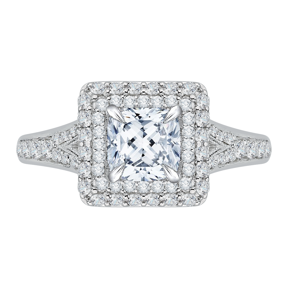 CAU0062E-37W Bridal Jewelry Carizza White Gold Cushion Cut Diamond Double Halo Engagement Rings