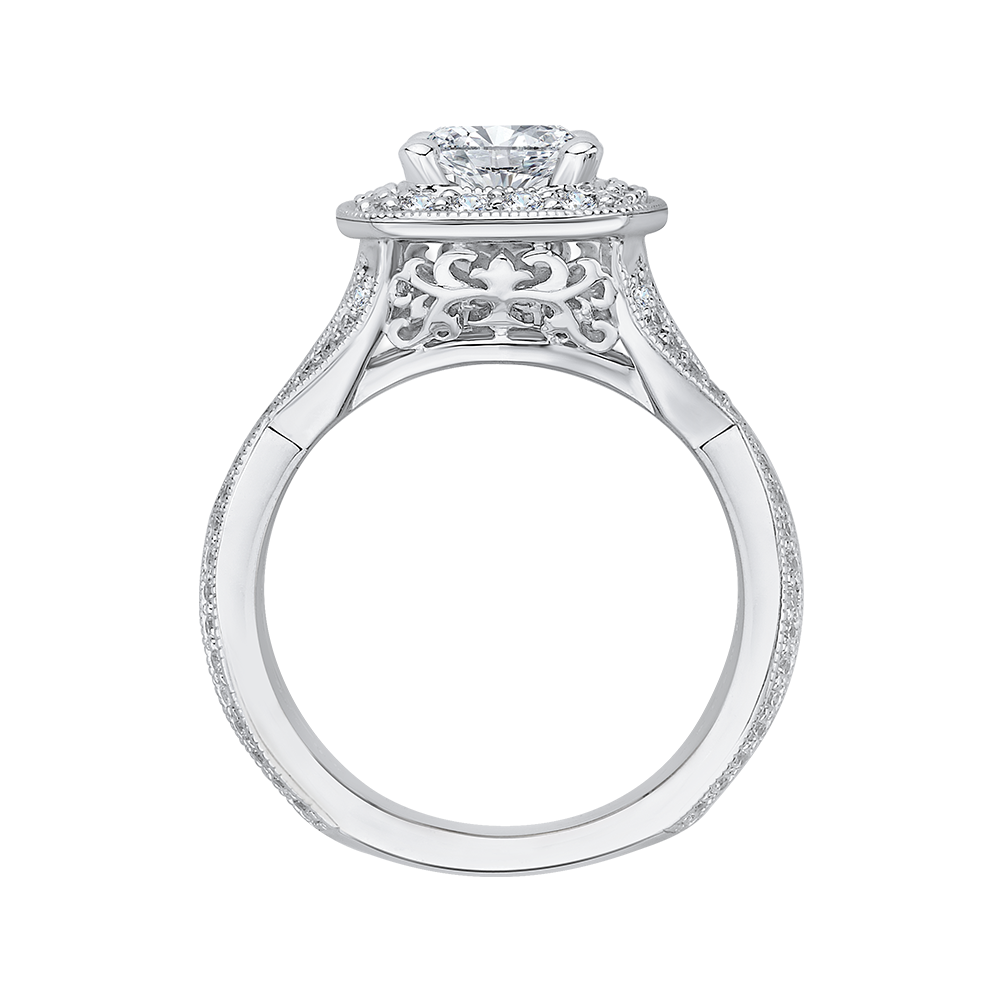 Cushion Cut Diamond Halo Engagement Ring with Split Shank In 14K White Gold (Semi Mount)