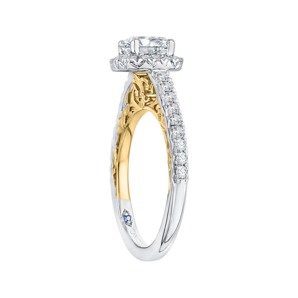 14K Two Tone Gold Cushion Diamond Halo Engagement Ring (Semi Mount)