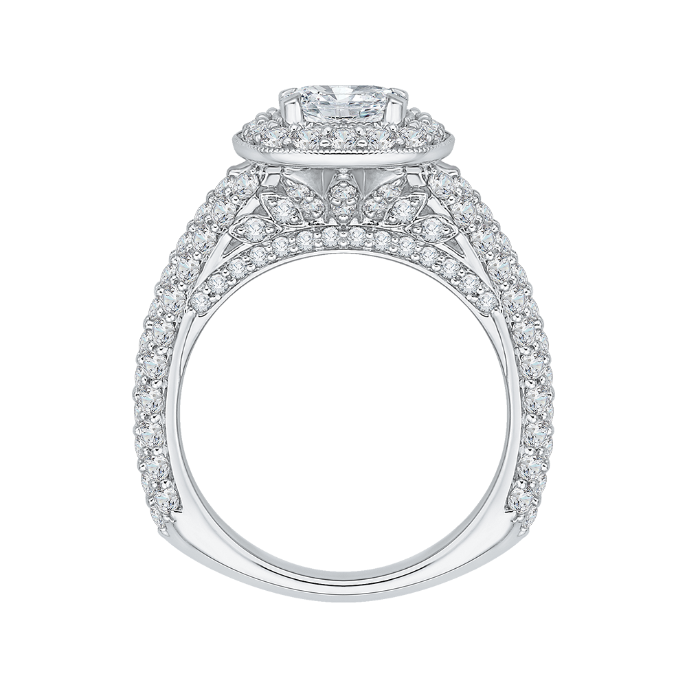14K White Gold Cushion Diamond Halo Cathedral Style Engagement Ring (Semi Mount)