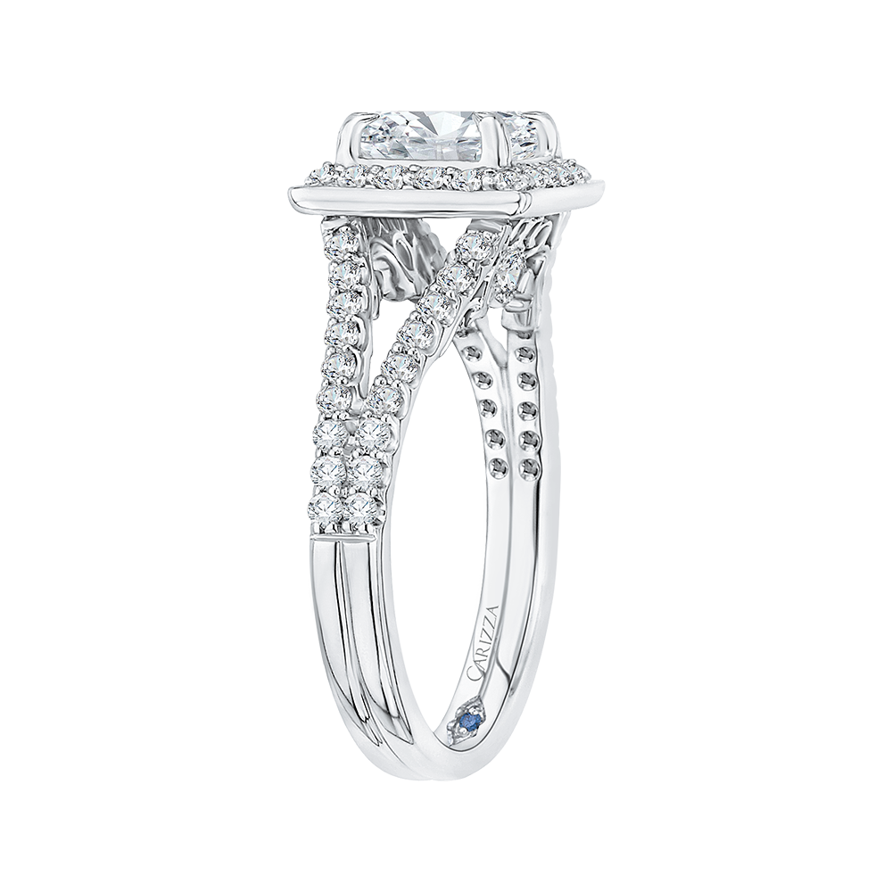 14K White Gold Cushion Cut Diamond Halo Engagement Ring with Split Shank (Semi Mount)