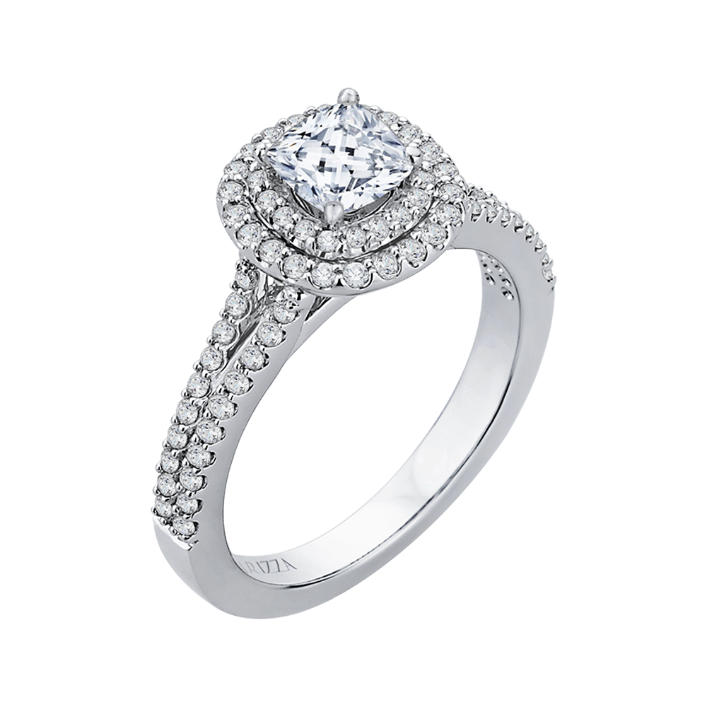 Cushion Diamond Double Halo Cathedral Style Engagement Ring In 14K White Gold (Semi Mount)