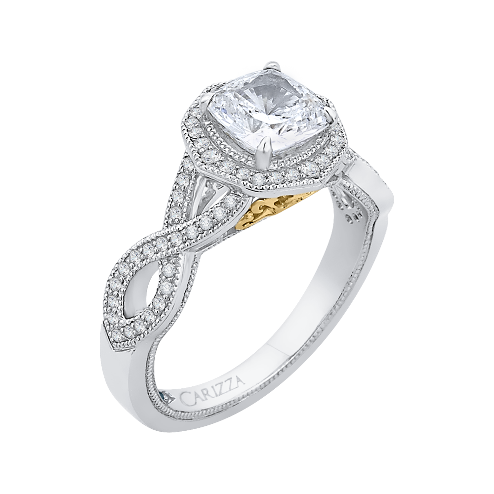14K Two Tone Gold Cushion Cut Diamond Halo Engagement Ring with Split Shank (Semi Mount)