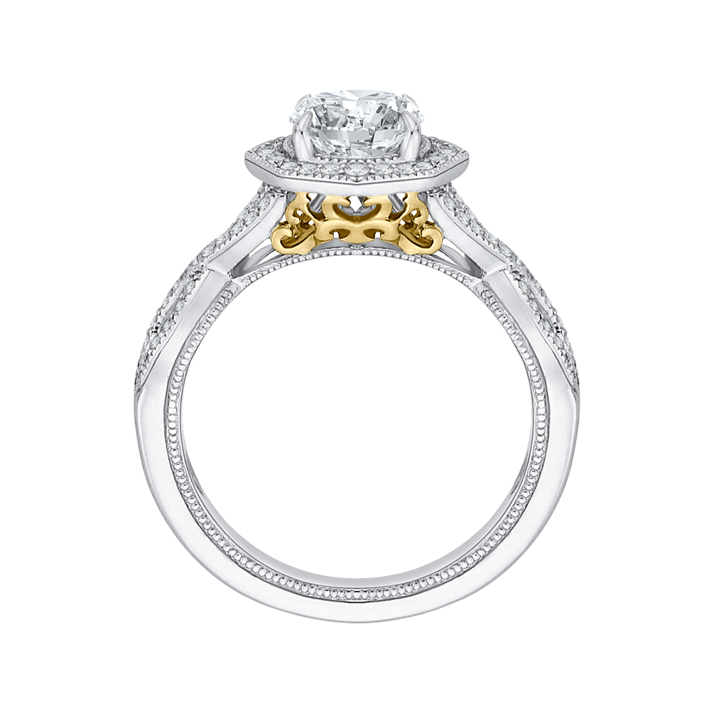 14K Two Tone Gold Cushion Cut Diamond Halo Engagement Ring with Split Shank (Semi Mount)