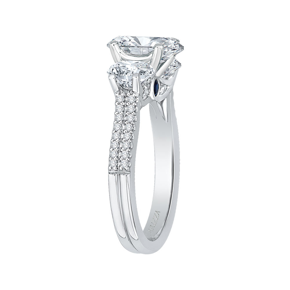 Cushion Cut Diamond with Sapphire Three Stone Cathedral Style Engagement Ring In 14K White Gold (Semi Mount)