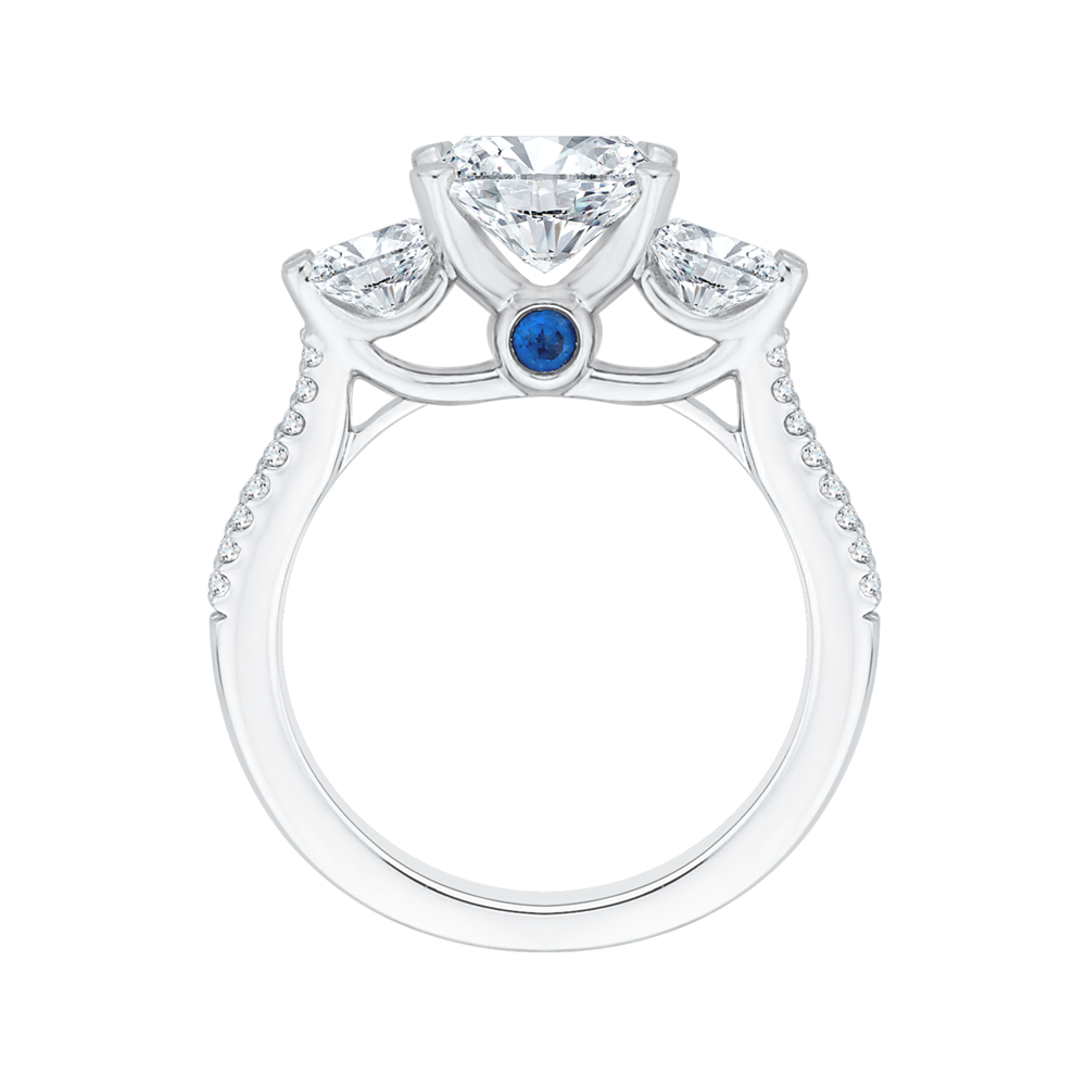 Cushion Cut Diamond with Sapphire Three Stone Cathedral Style Engagement Ring In 14K White Gold (Semi Mount)